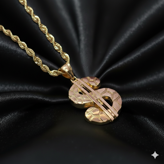 10K Elegant Dollar Sign Pendant With Gold Nugget and 10K Rope Chain 20"