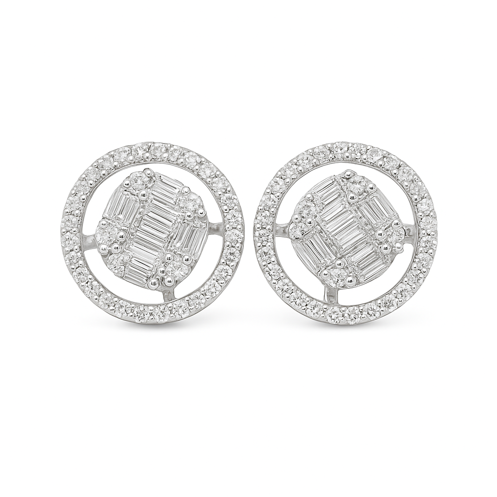 10K Rose Gold 0.60 ctw Diamond Earrings | Baguette Center with Prong-Set Halo | Jewelry Palace