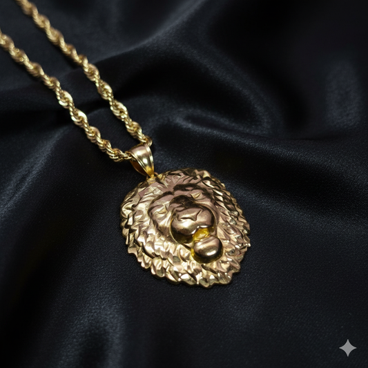 10K Gold Lion Head Pendant With 10K Rope Chain 20"