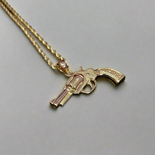 10K Yellow Gold Rope Chain with Textured Pistol Pendant | Western Gun Design Necklace