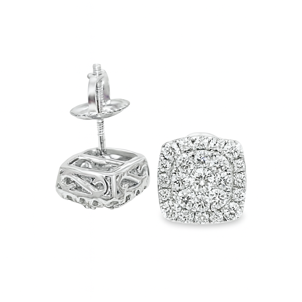 10K White Gold 0.63 ctw Diamond Square Cluster Earrings | Iced-Out Cushion Studs | Jewelry Palace