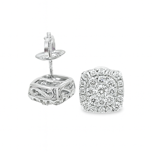 10K White Gold 0.63 ctw Diamond Square Cluster Earrings | Iced-Out Cushion Studs | Jewelry Palace