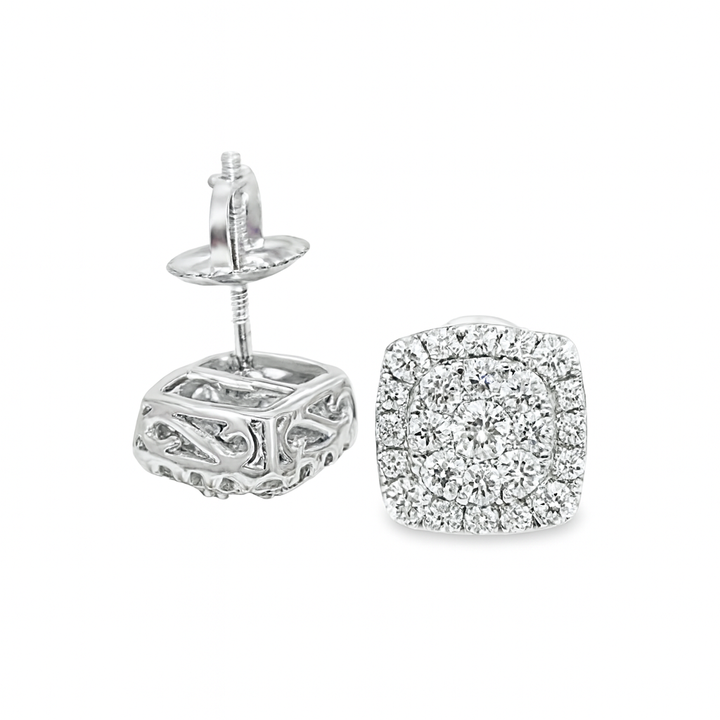 10K White Gold 0.63 ctw Diamond Square Cluster Earrings | Iced-Out Cushion Studs | Jewelry Palace