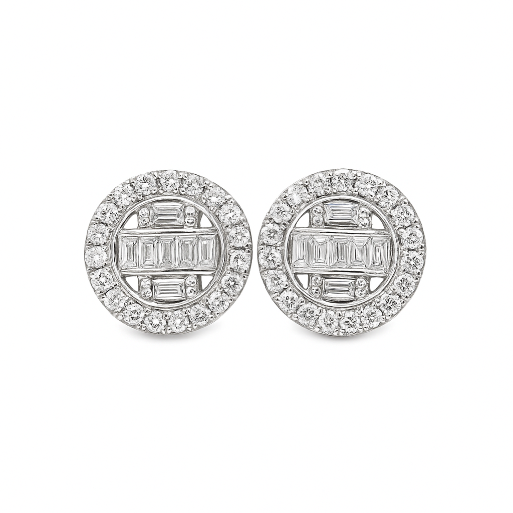 10K White Gold 0.70 ctw Diamond Halo Earrings | Baguette Center Studs | Jewelry Palace