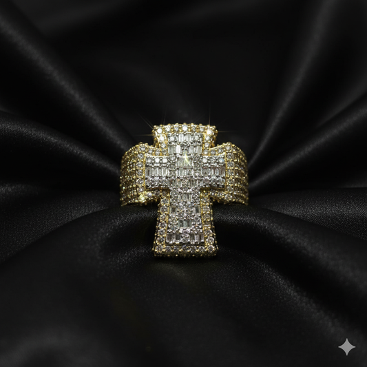 Bold Diamond Cross Ring 2.95 CTW in 10K Yellow Gold | Baguette Style