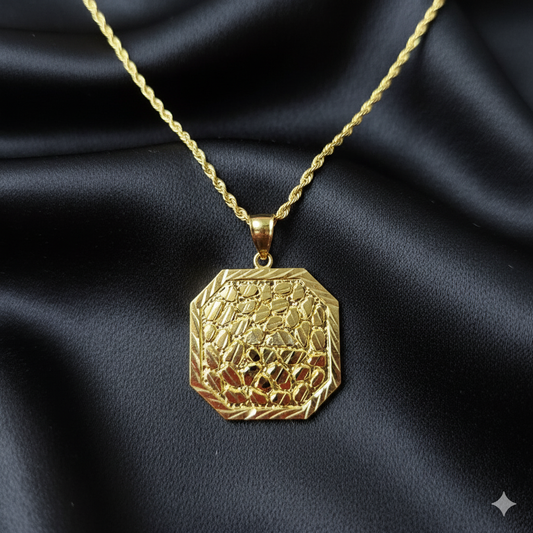 10K Yellow Gold Rope Chain with Diamond-Cut Octagon Nugget Pendant | Geometric Nugget Style Design