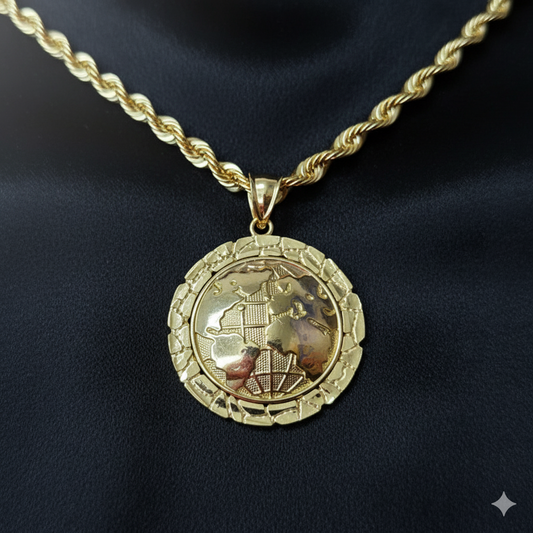 10K Yellow Gold Rope Chain with 3D Globe Pendant | Diamond-Cut World Map Necklace