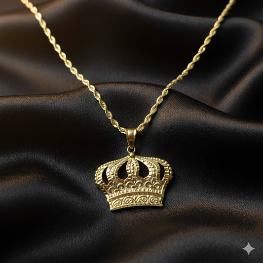 10K Yellow Gold Rope Chain with Royal Crown Pendant | Diamond-Cut King Style Necklace