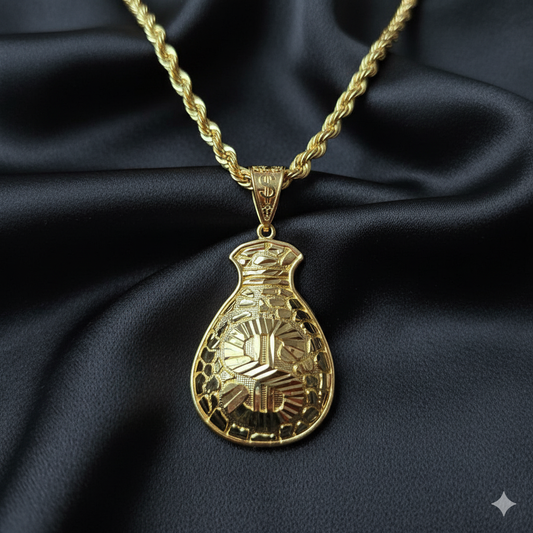 10K Yellow Gold Rope Chain with Diamond-Cut Money Bag Pendant | Success & Wealth Symbol