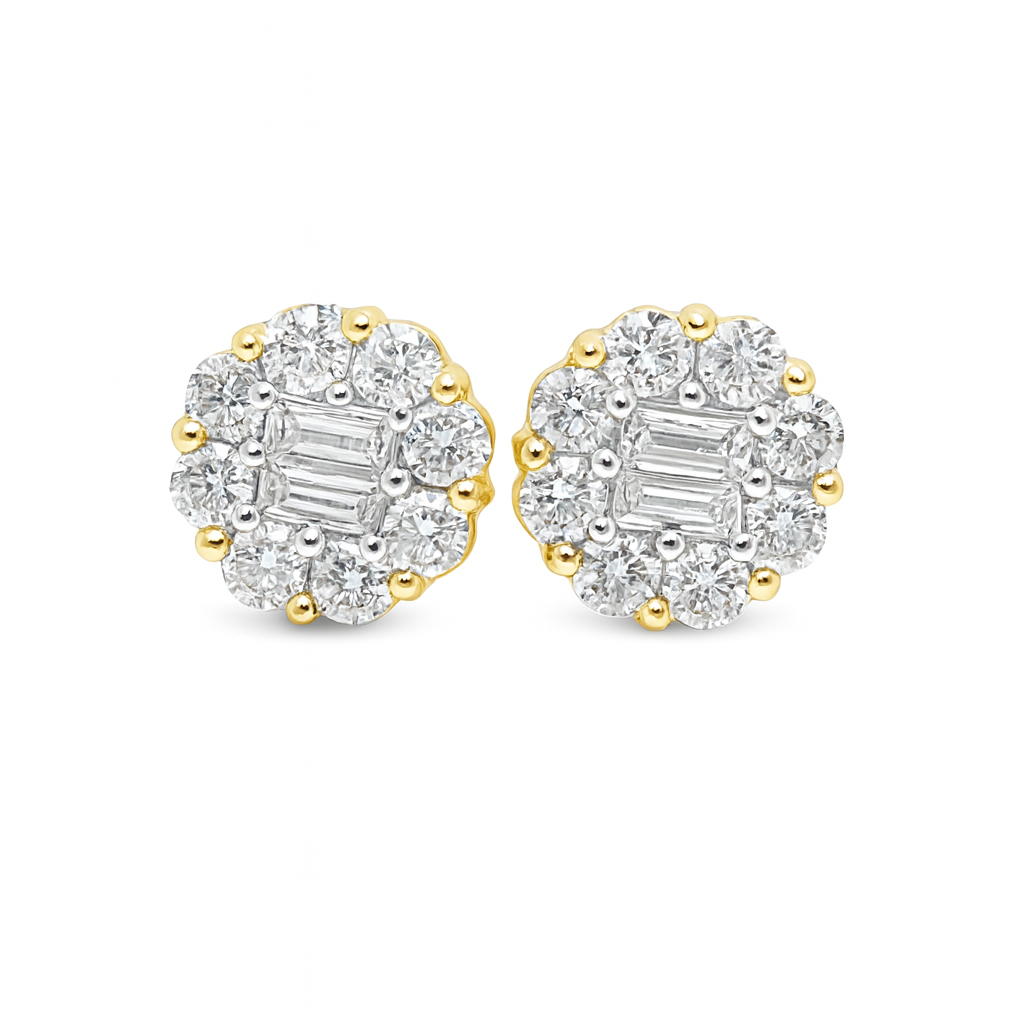 10K Yellow Gold 0.65 ctw Diamond Flower Earrings | Baguette Center | Jewelry Palace