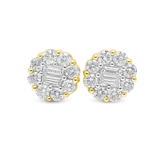 10K Yellow Gold 0.65 ctw Diamond Flower Earrings | Baguette Center | Jewelry Palace