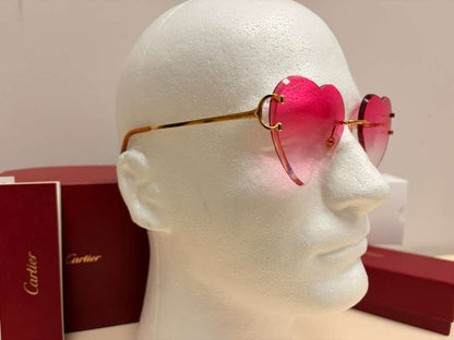 Cartier Big C Rimless Heart Sunglasses Pink Gradient Lens Gold Frame Full Set.