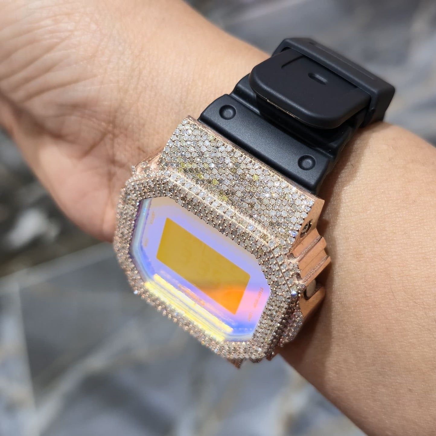 Blue Dial+ G-Shock DW-5600TL 5CT Natural Diamonds All Rose Bezel ICED OUT Watch