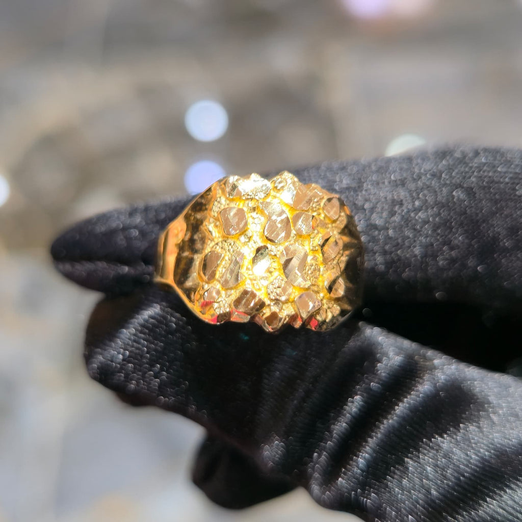 10K Yellow Gold Nugget Ring Men Solid Statement Dome Heavy Bold Real