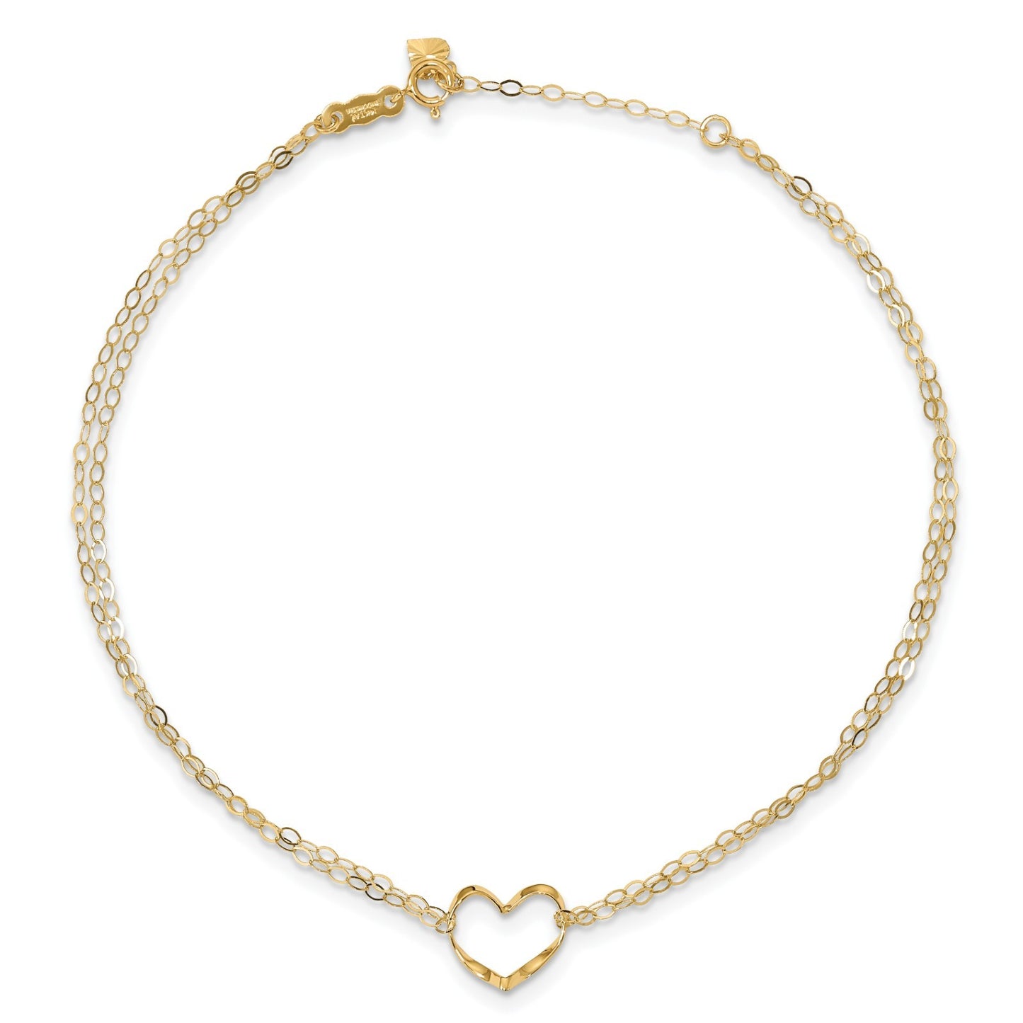 Real 14kt Yellow Gold Double Strand Heart 9in Plus 1in Ext Anklet; 9 inch