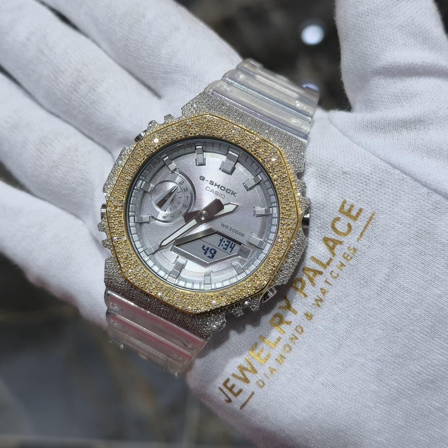 Casio G-Shock S2100  Iced Out Natural Diamond Watch 5CT | Silver Dial Clear Band