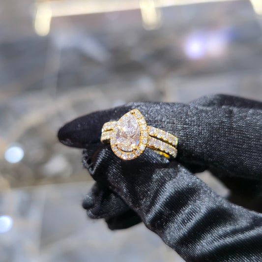 10K Yellow Gold Lab Grown Diamond Pear Halo Bridal Ring Set 2.00 ctw Women