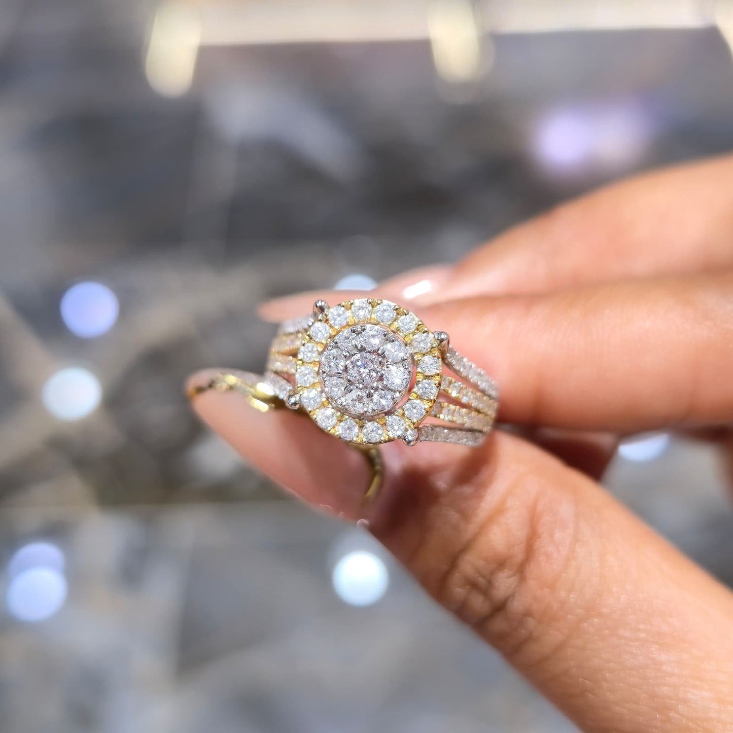 DEAL! 1.00CT Diamond Cluster Halo Ring 10K TwoTone Yellow White Gold Split Shank