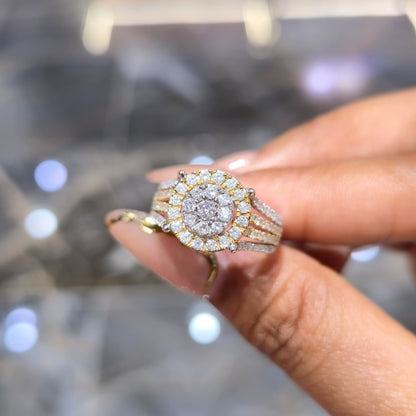 DEAL! 1.00CT Diamond Cluster Halo Ring 10K TwoTone Yellow White Gold Split Shank