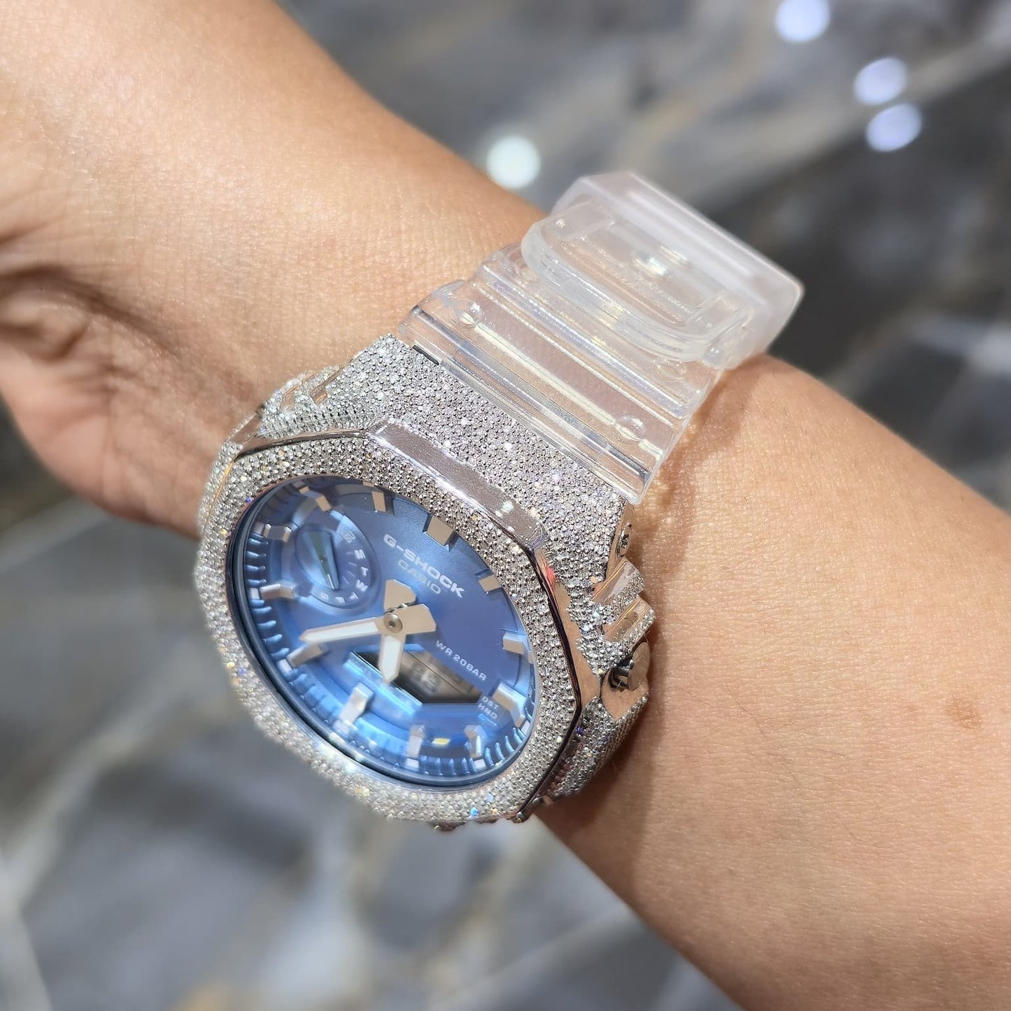 Casio G-Shock S2100  Iced Out Natural Diamond Watch 5CT | Blue Dial Clear Band