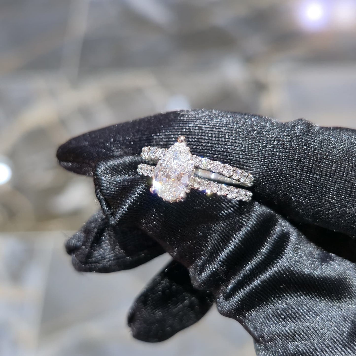 Lab Diamond Pear Teardrop Engagement Ring Set White Silver 3.00 ctw