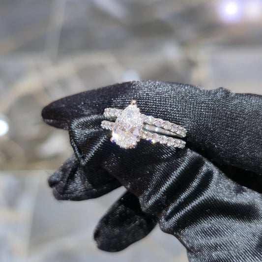 Lab Diamond Pear Teardrop Engagement Ring Set White Silver 3.00 ctw