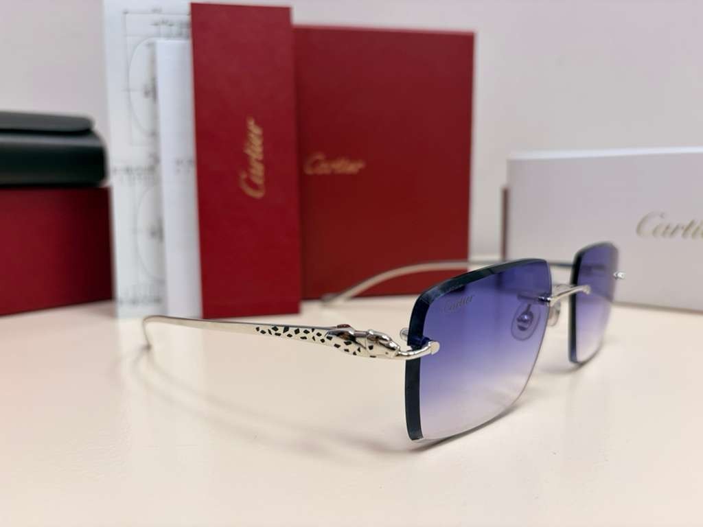 Cartier Panthere Decor Rimless Sunglasses Platinum Frame Blue Gradient Lens