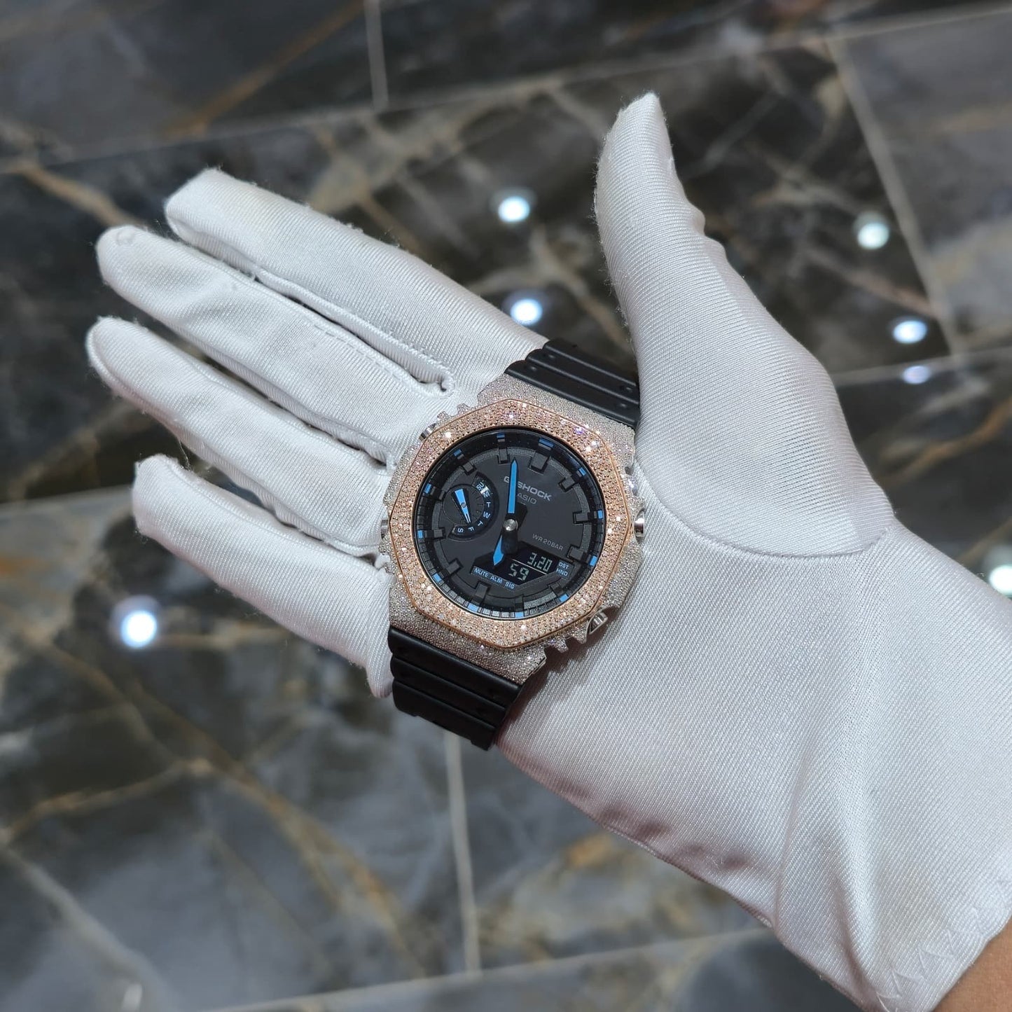 Casio G-Shock S2100  Iced Out Natural Diamond Watch 5CT | Black+ Blue MarkerDial