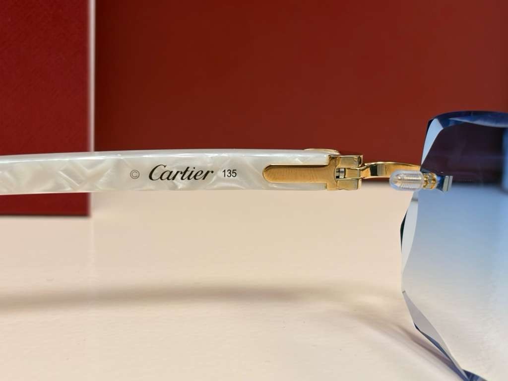 Cartier C Decor Rimless Sunglasses Customized Authentic Blue Lenses Full Set Box