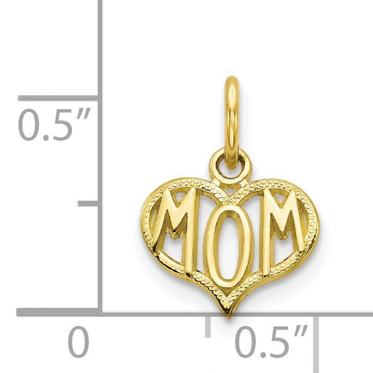 10K Yellow Gold MOM Heart Pendant Charm Small 0.5" Polished Gift