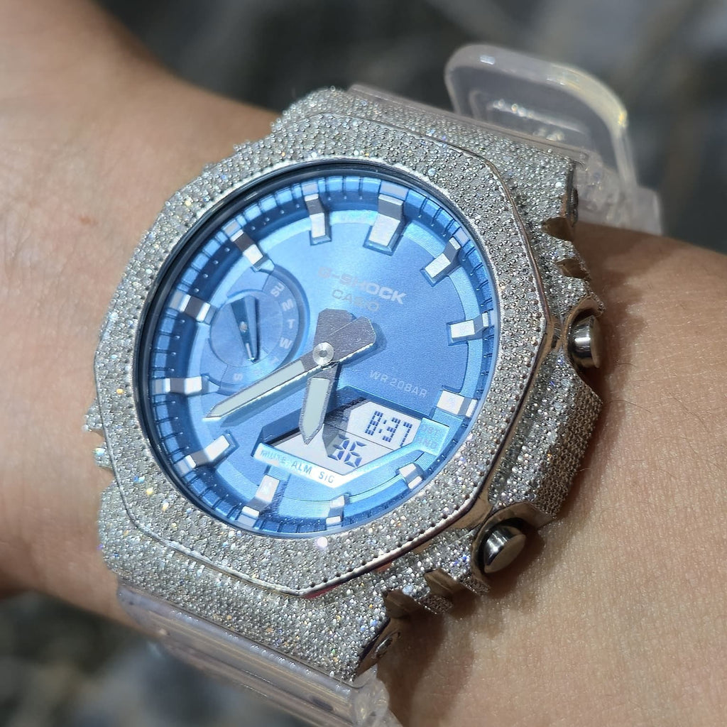 Casio G-Shock S2100  Iced Out Natural Diamond Watch 5CT | Blue Dial Clear Band