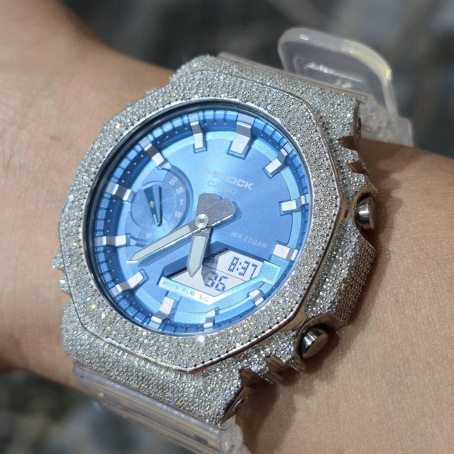 Casio G-Shock S2100  Iced Out Natural Diamond Watch 5CT | Blue Dial Clear Band