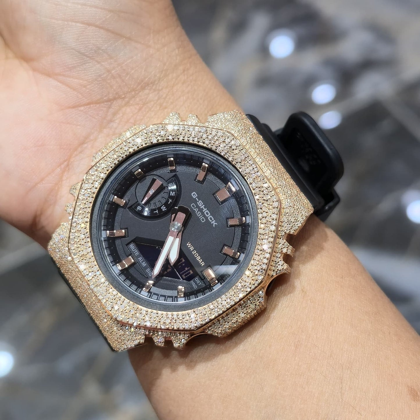 Casio G-Shock Black & Rose S2100BA Iced Out Diamond Watch 5CT