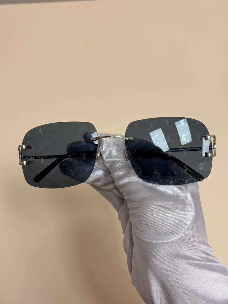 Cartier Big C Rimless Sunglasses Silver Frame Grey Lens Authentic w/ Box & Full
