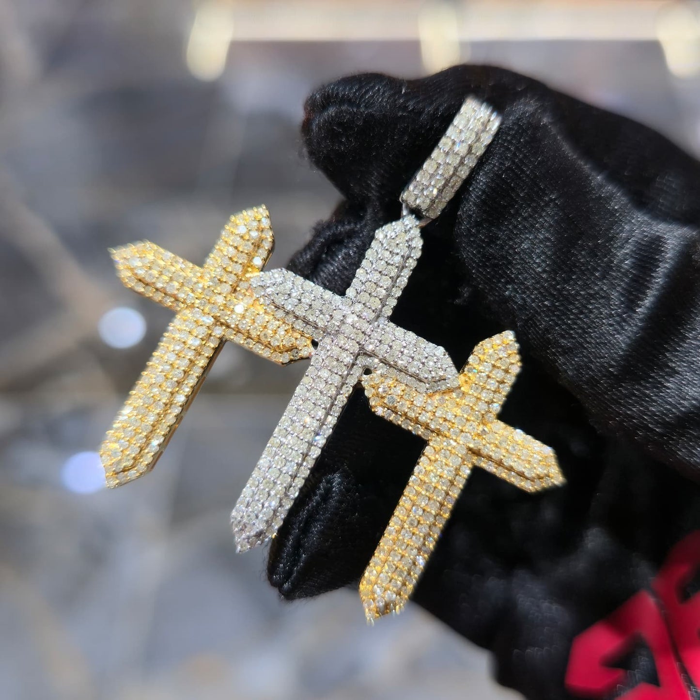 Real 10K Solid Yellow Gold Diamond Triple Cross Charm Pendant