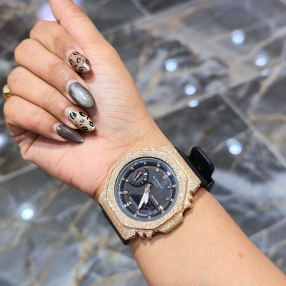 Casio G-Shock Black & Rose S2100BA Iced Out Diamond Watch 5CT