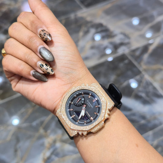 Casio G-Shock Black & Rose S2100BA Iced Out Diamond Watch 5CT