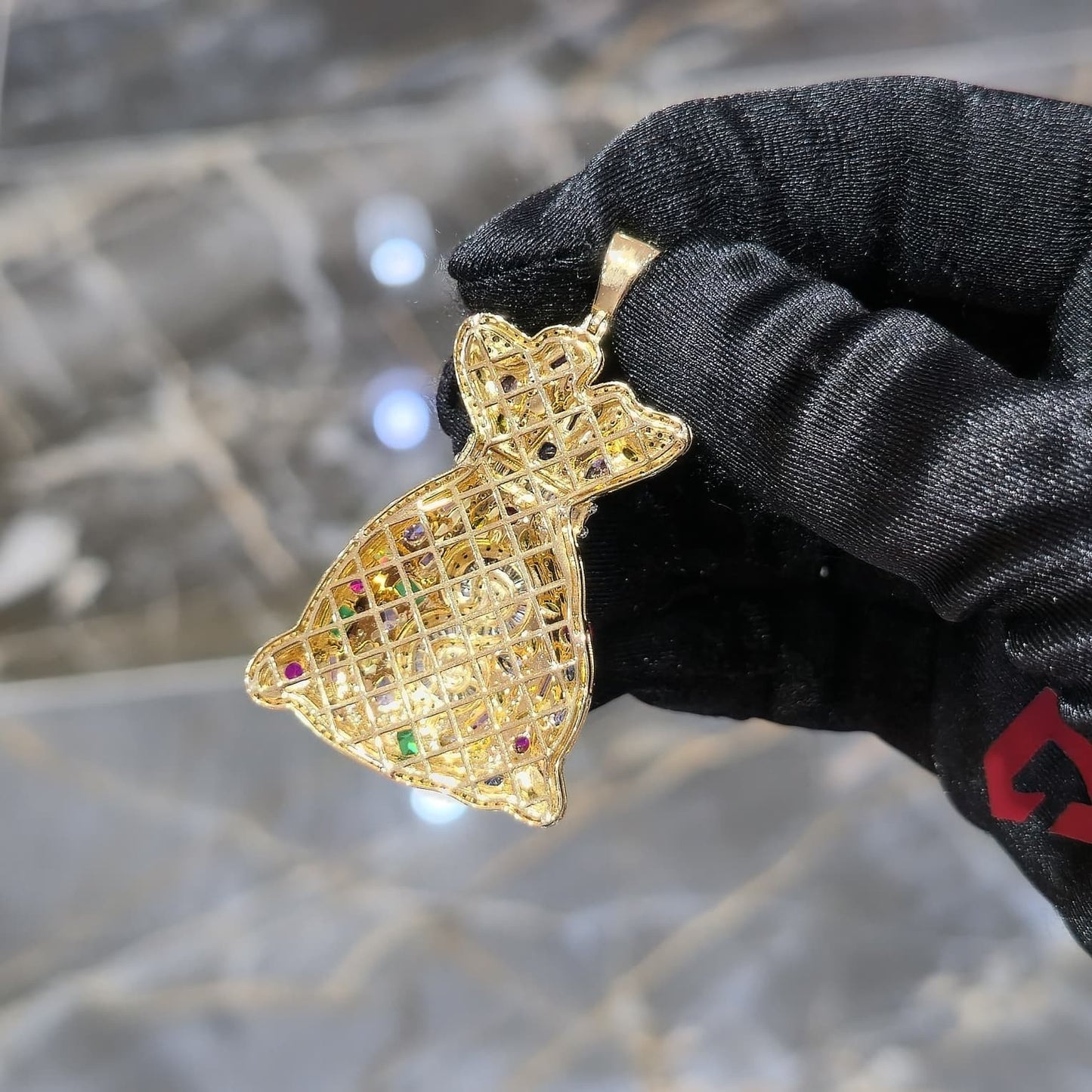 10K Gold Diamond Royal Money Bag Pendant 2.00ctw Multi-Color Gemstone 2 Inch
