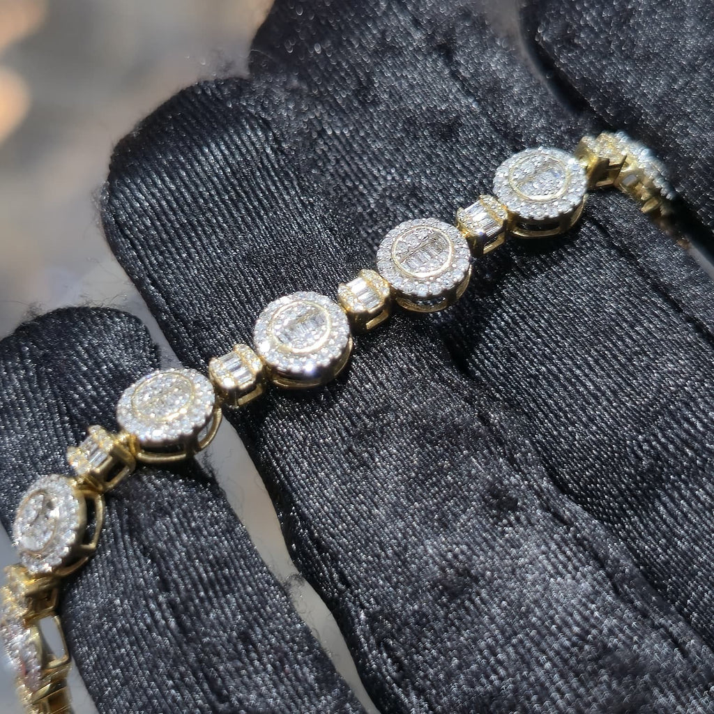 10K Yellow Gold Diamond Baguette Halo Link Bracelet 1.70ctw 7" 6mm Box Clasp