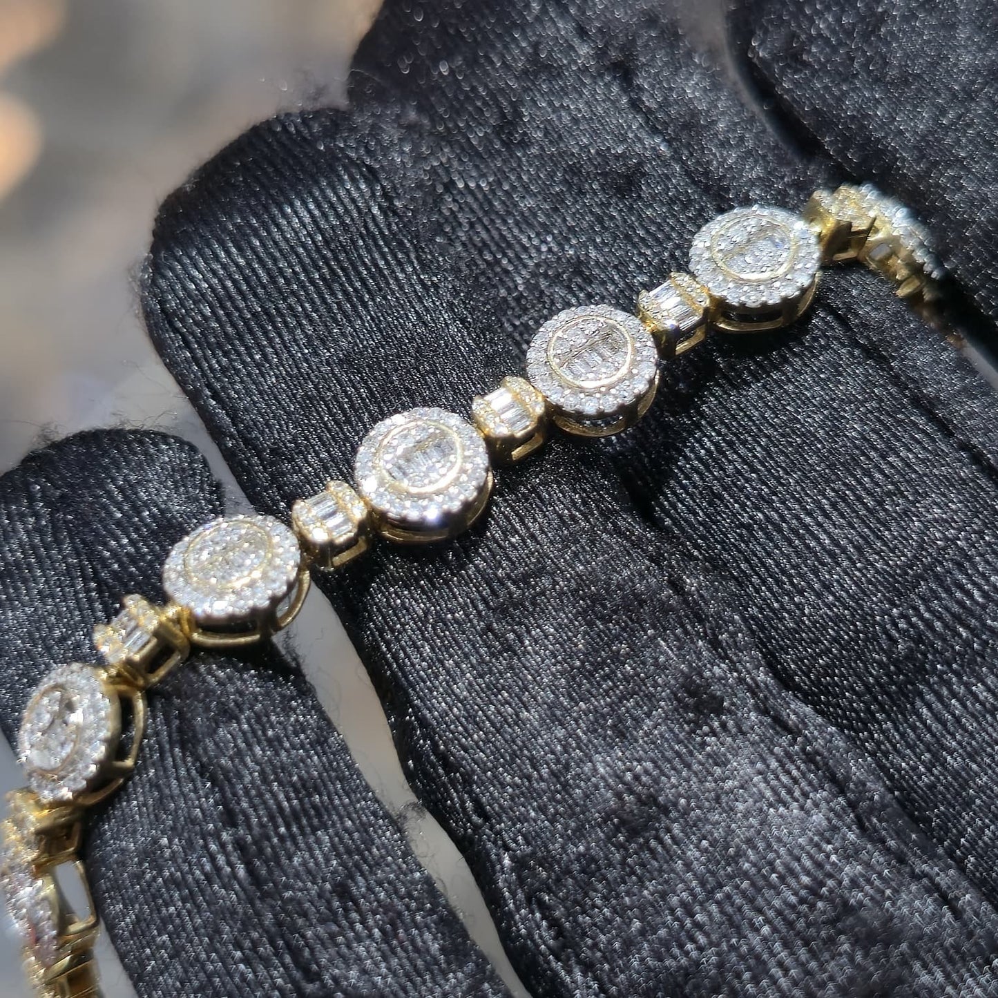 10K Yellow Gold Diamond Baguette Halo Link Bracelet 1.70ctw 7" 6mm Box Clasp