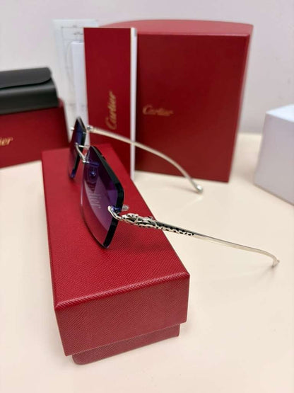 Cartier Panthere Decor Rimless Sunglasses Platinum Frame Blue Gradient Lens