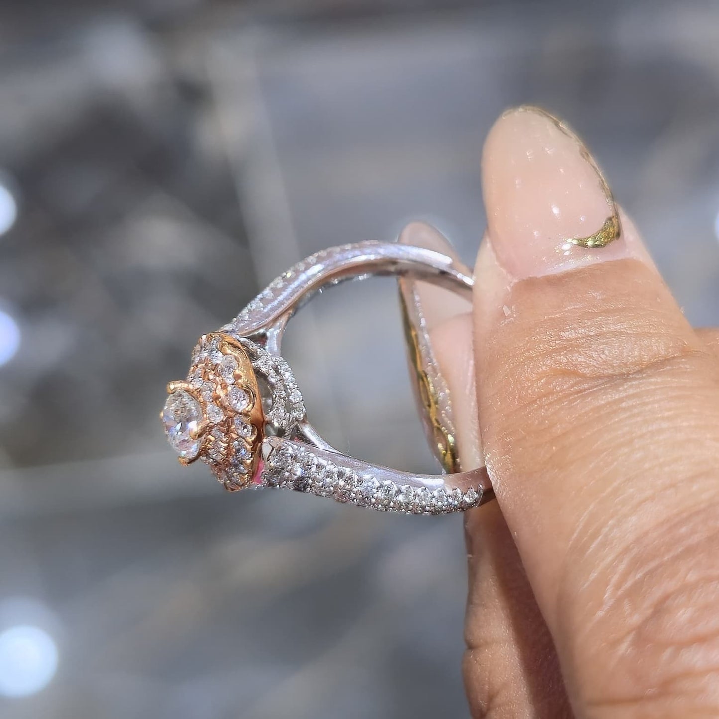 14K Two Tone Rose Gold Halo Diamond Engagement Ring 1.25 CTW Round SI F-G