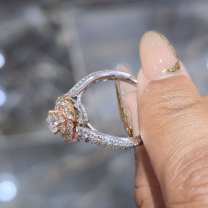 14K Two Tone Rose Gold Halo Diamond Engagement Ring 1.25 CTW Round SI F-G
