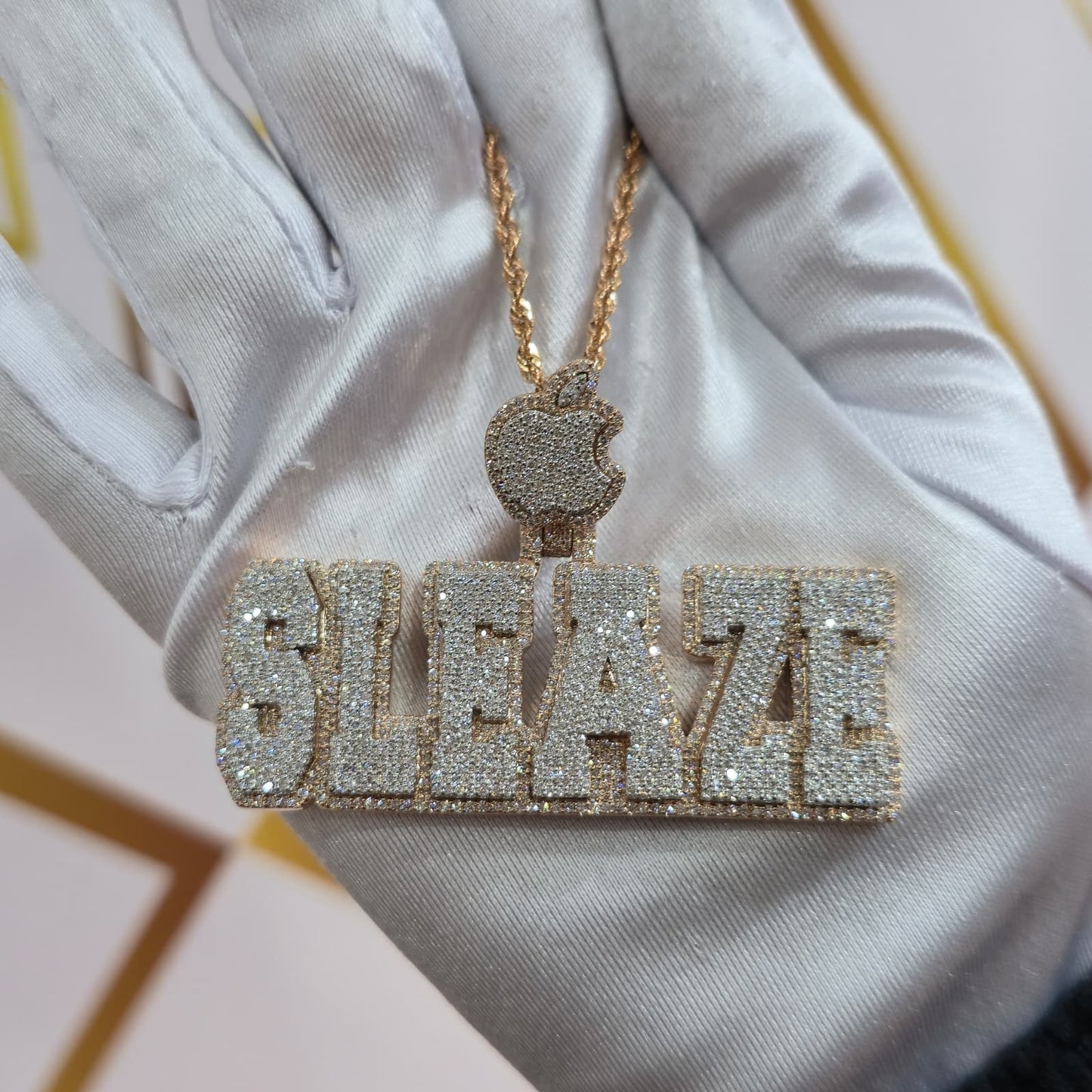Custom Design Real Diamond Two Layer Block Nameplate Pendant Gold   2.5"