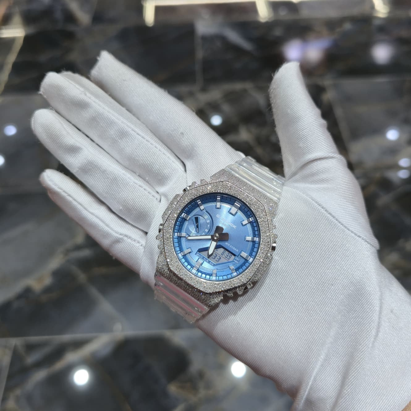 Casio G-Shock S2100  Iced Out Natural Diamond Watch 5CT | Blue Dial Clear Band