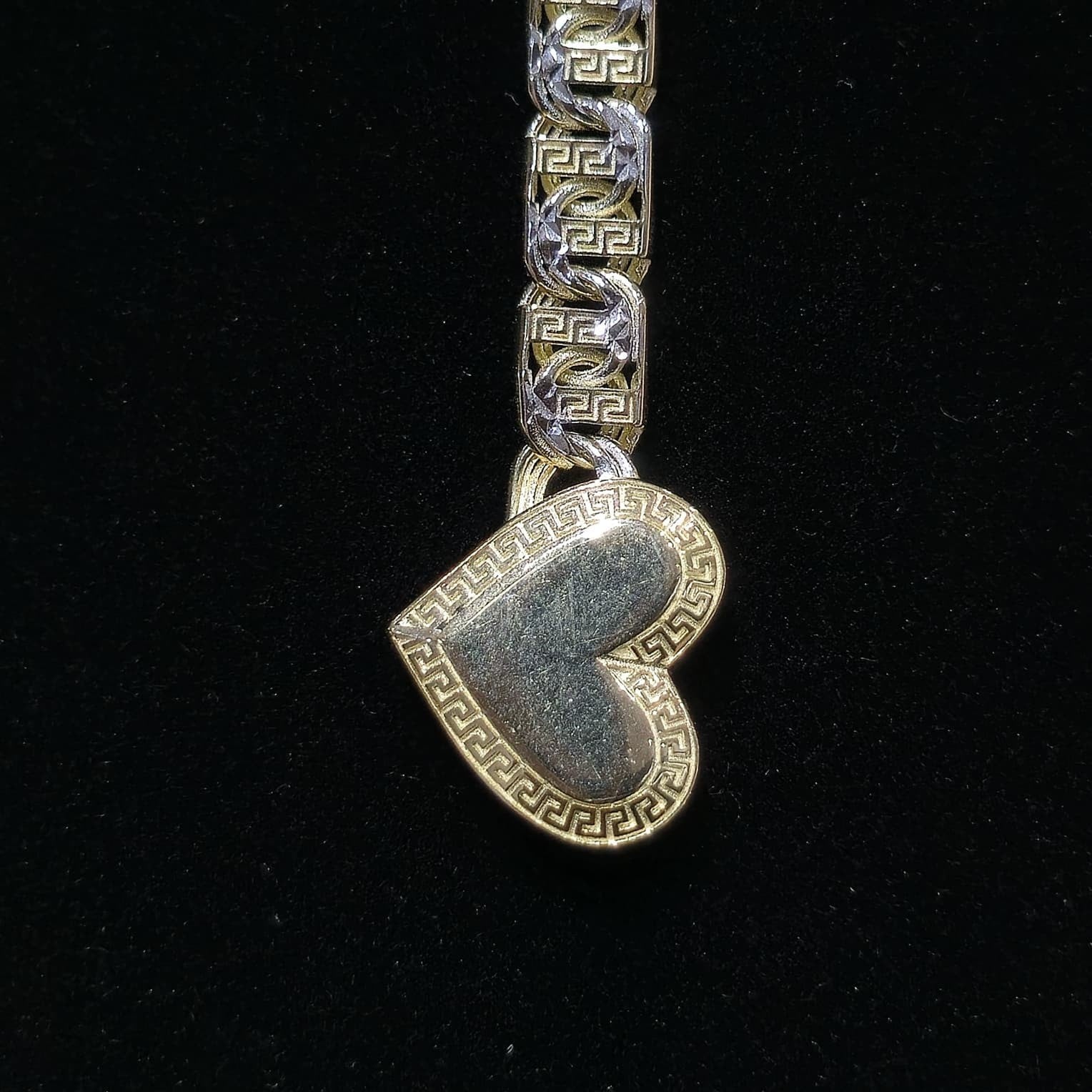 10K Yellow Gold Two Tone Heart Necklace Bracelet Set Greek Key Womens 17" 7" 5mm
