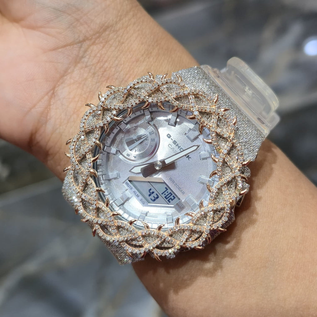 Authentic Casio G-Shock S2100  Iced Out Natural Diamond Watch 5CT | Silver Dial