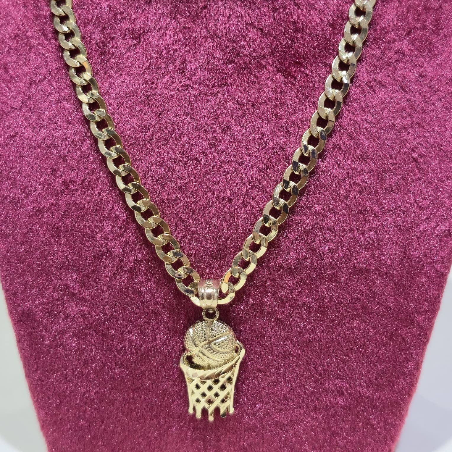 Real 10K Gold Cuban Curb Chain 4mm 20" w/ Basketball Pendant Charm Combo DEAL