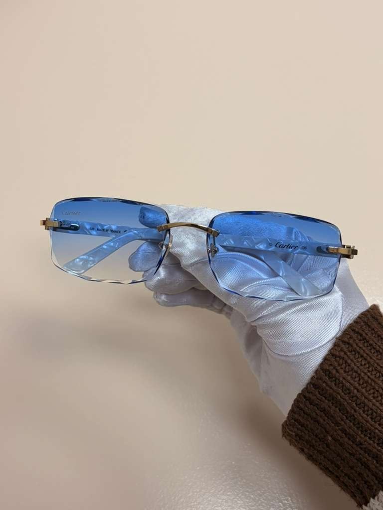 Cartier C Decor Rimless Sunglasses Customized Authentic Blue Lenses Full Set Box