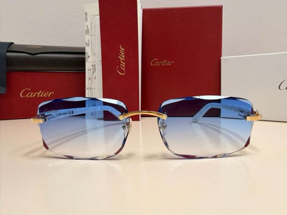 Cartier C Decor Rimless Sunglasses Customized Authentic Blue Lenses Full Set Box